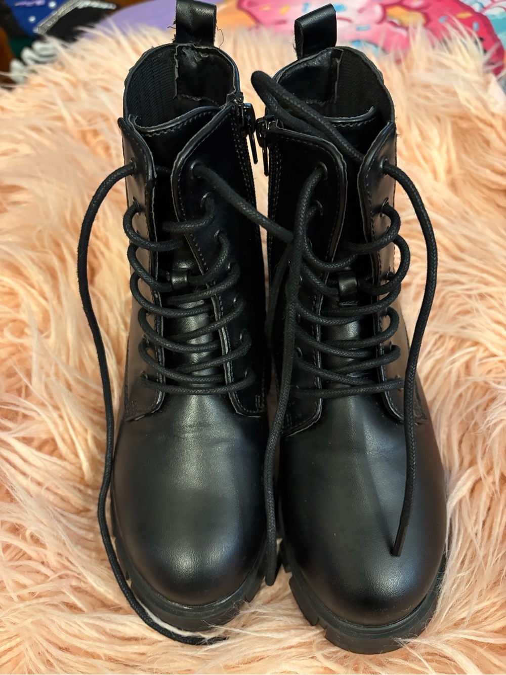 Girls Black Lace-Up Combat Boots